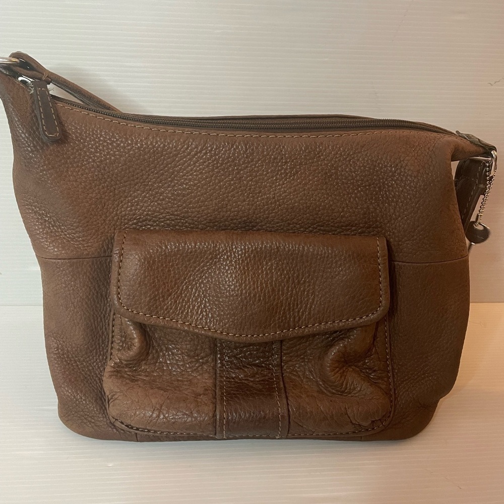 VTG Brown Leather Fossil Shoulder Bag Medium Key Charm - Picture 4 of 12